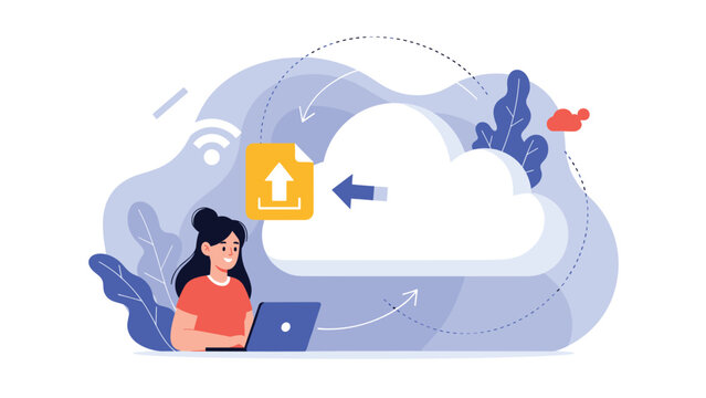 Young woman using laptop computer to upload folders and files to cloud database server for secure data backup.