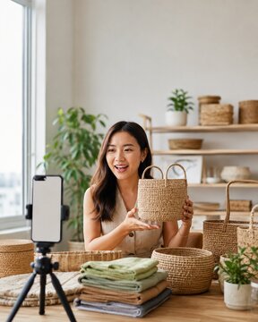 Asian woman seller presenting product during live commerce