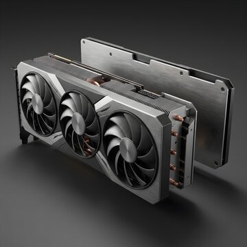 A professionally rendered high-end graphics card displayed against a dark background. The card features three large cooling fans, a robust heatsink, and a sleek metallic housing, emphasizing modern GP