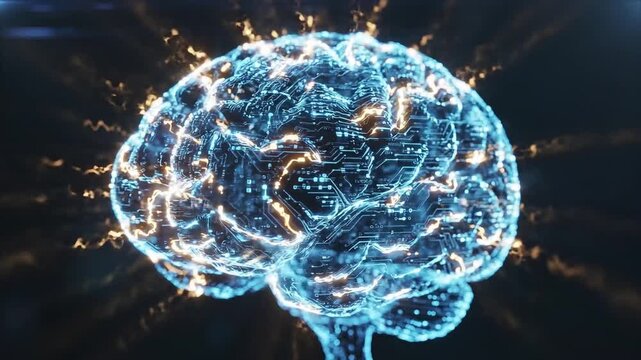Digital glowing human brain representing artificial intelligence, neural networks, and advanced cognitive computing in a dark tech environment