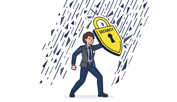 Cyber security officer protecting data from digital rain. Information security professional with padlock shield. Data protection concept vector.