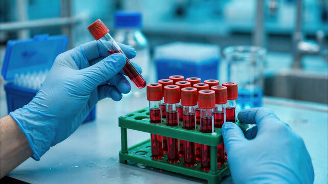 Blood sample tubes lined up in a medical laboratory