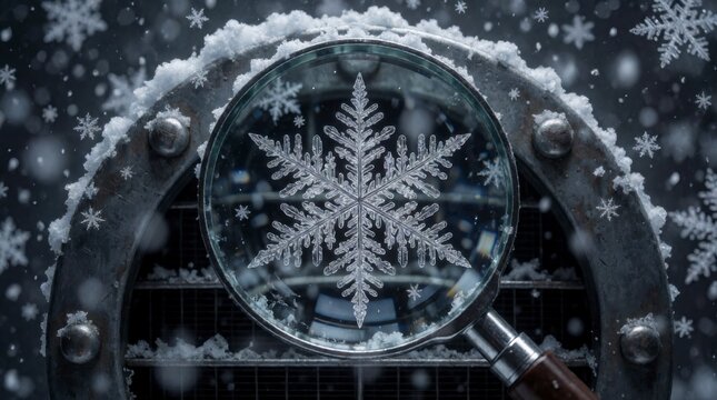 Magnifying Glass Focusing on a Detailed Snowflake in a Snowy Winter Setting