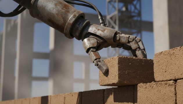 Robotic arm placing a brick on a wall under construction, symbolizing automation in building