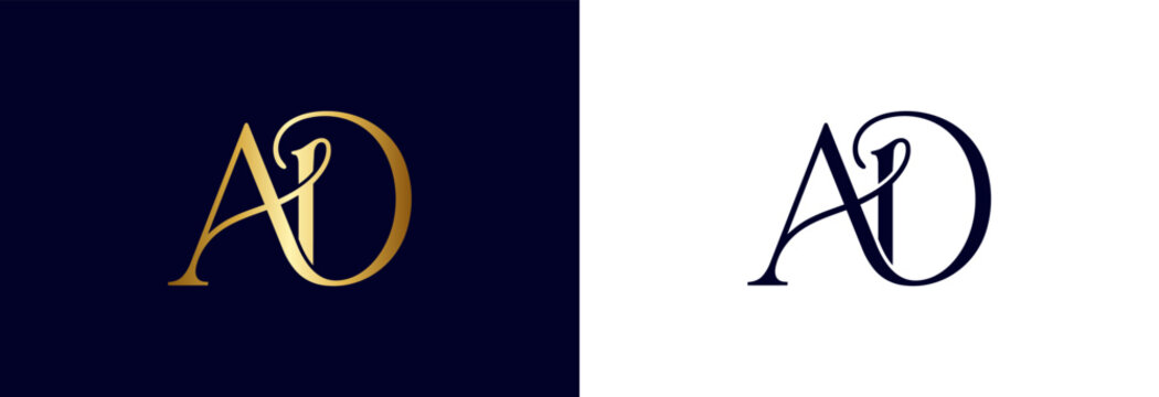 Ornate AD monogram initial logo, gold and dark blue, sophisticated branding element.