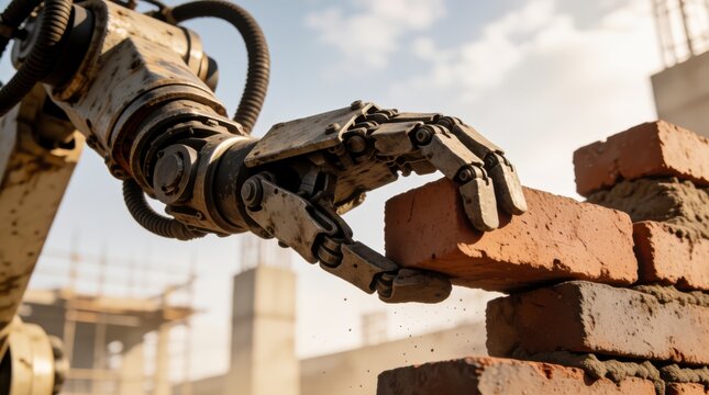 Robotic arm placing a brick on a wall at a construction site, symbolizing automation and future building technology