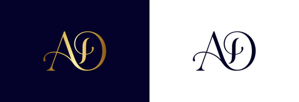 Stylish AD monogram logo in gold on navy blue background for branding.