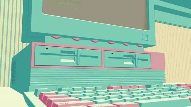 レトロPCとキーボードのアニメーション　パステルポップカラー　架空のコード表示　横視点　ループ