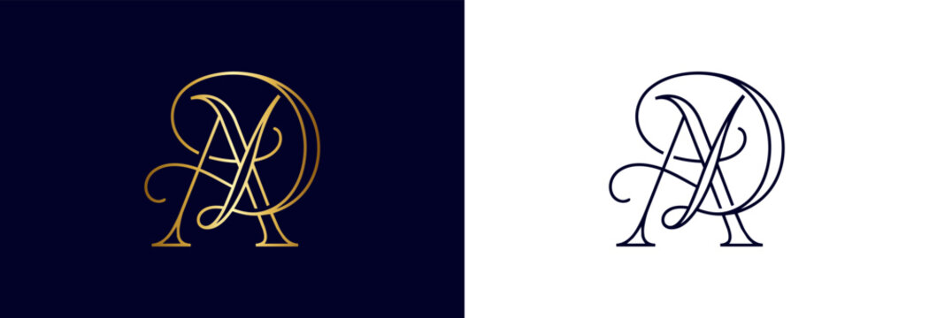 Ornate AD monogram in gold and navy blue for elegant branding.