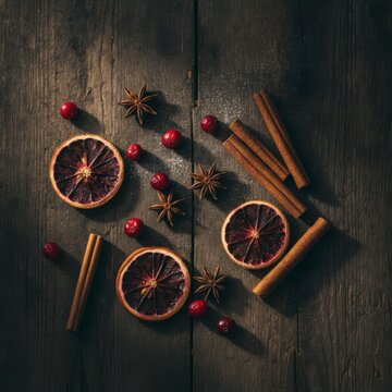 Dried orange slices, cranberries, star anise, and cinnamon sticks on a rustic wooden background