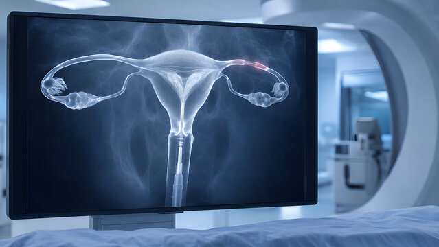 Fallopian tube blockage radiology image showing early-stage tubal obstruction on pelvic diagnostic imaging monitor in a clinical hospital setting for healthcare, radiology, and patient education