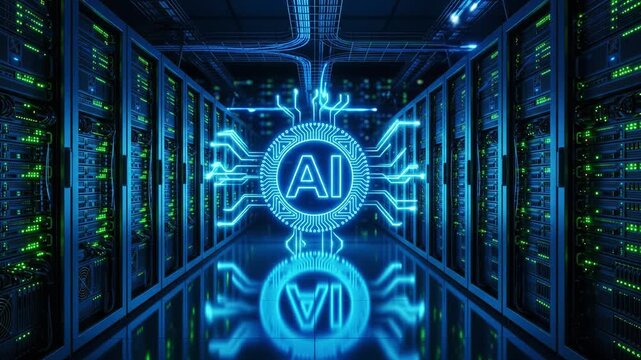 Artificial intelligence logo pulsating in a modern server room