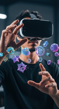 VRヘッドセットを装着し、浮かぶ3Dオブジェクトとインタラクションする男性。未来のデジタル世界と仮想空間の体験