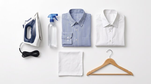 Professional laundry flat lay with electric iron and folded shirts. Clean white and blue apparel with spray bottle and wooden hanger.