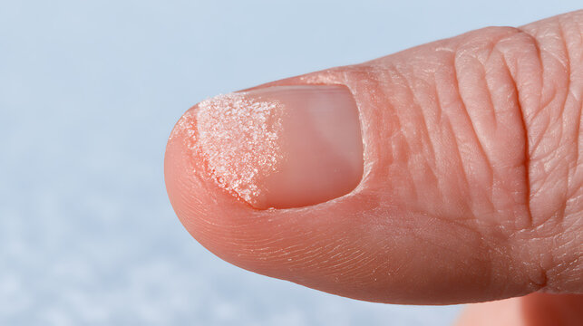 Close-up view of human finger nail showing white superficial fungal infection, dry texture, medical dermatology concept on light background