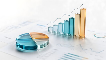 Obraz premium 3D transparent glass bar chart and pie chart resting on printed financial data reports illustrating corporate business analytics market research and strategic planning concept.
