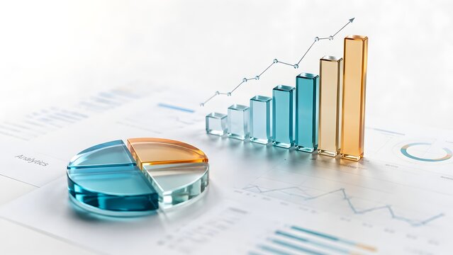 3D transparent glass bar chart and pie chart resting on printed financial data reports illustrating corporate business analytics market research and strategic planning concept.