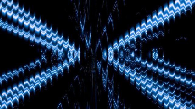 Cyan and bright blue glowing arrows fly apart across vertical ribbed glass refraction. The sleek neon geometric grid builds a high-tech motion art background.