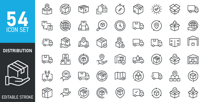A comprehensive collection of fifty four logistics and delivery line icons in editable stroke style for professional business website design projects
