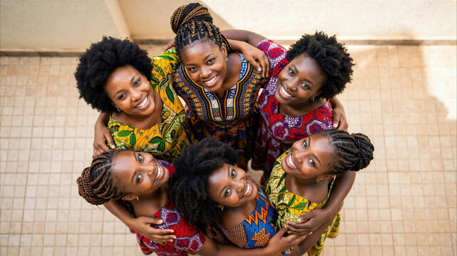 Diverse circle of women looking upward together