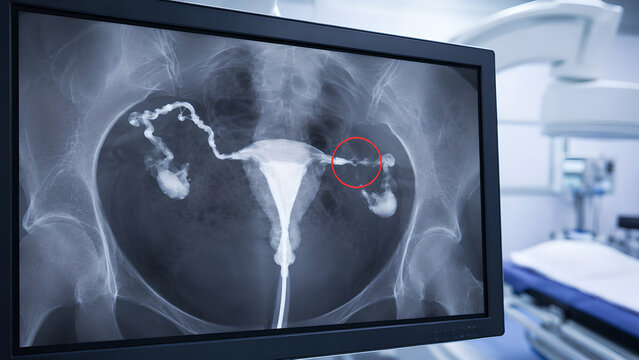 Fallopian tube blockage radiology image showing early-stage tubal obstruction on pelvic diagnostic imaging monitor in a clinical hospital setting for healthcare, radiology, and patient education