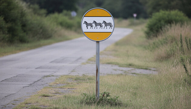 Zebra crossing sign featuring animal silhouettes on a rural road landscape