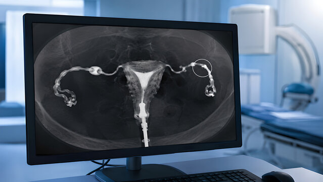 Fallopian tube blockage radiology image showing early-stage tubal obstruction on pelvic diagnostic imaging monitor in a clinical hospital setting for healthcare, radiology, and patient education