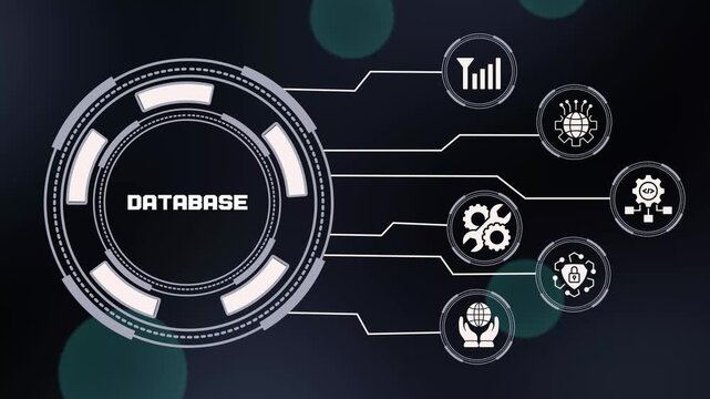 Database technology concept featuring secure enterprise information systems, cloud storage, data analytics, digital connectivity and automated computing infrastructure.