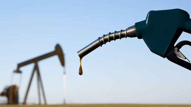 Fuel nozzle dispensing gasoline with oil pumpjack silhouette in background representing global energy supply crisis and resource depletion