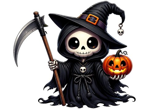Cute halloween grim reaper character holding lantern and scythe high resolution picture