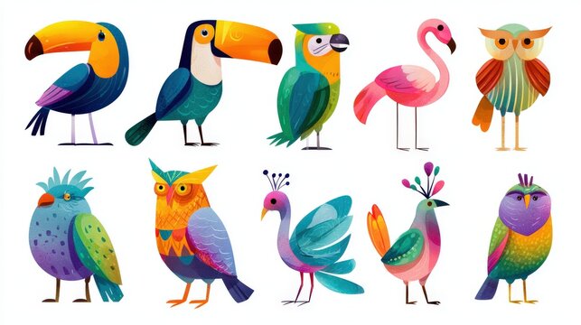 Set of ten vibrant stylized birds including toucans parrots owls flamingo and peacock with diverse decorative patterns.