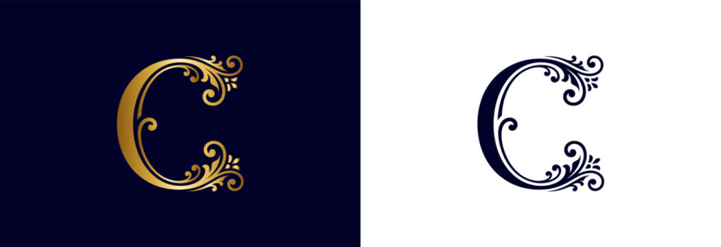Ornate letter C monogram emblem with navy blue and white colors for elegant branding.