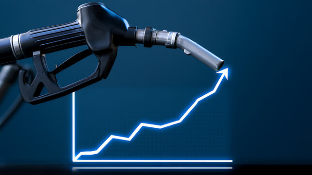 Fuel pump nozzle above rising glowing blue chart line graph conceptualizing high gas prices inflation economy crisis cost of fuel energy