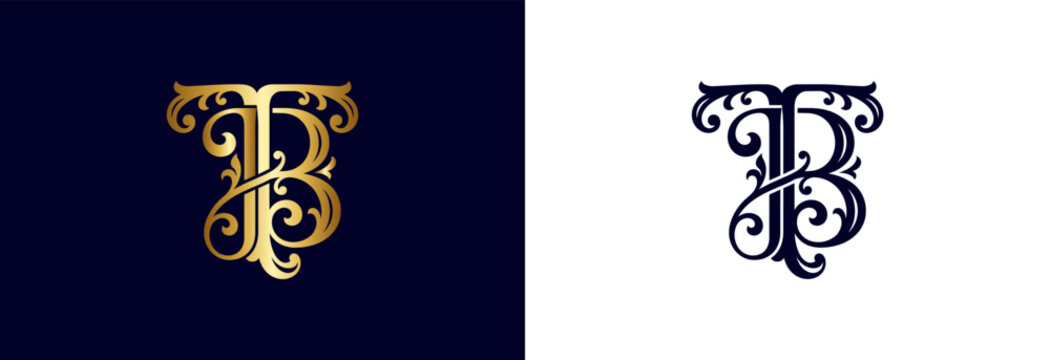Letter TB initial in gold with elaborate filigree ornaments for branding.