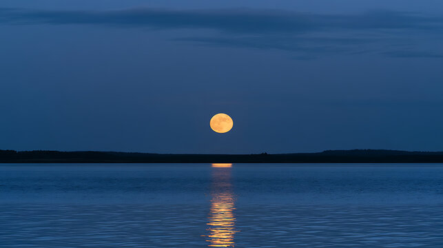 A serene twilight view featuring a bright full moon rise over a calm dark blue body of water with a distinct golden reflection below
