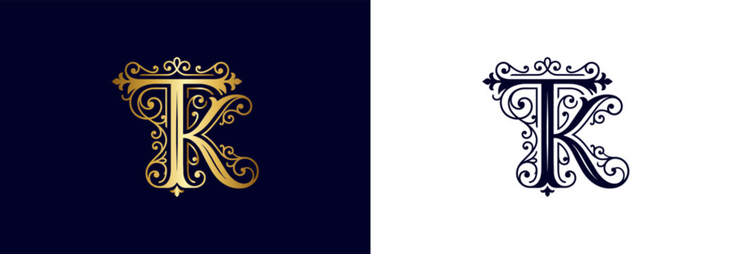 Decorative tk monogram letter logo, dark blue and white, for business.