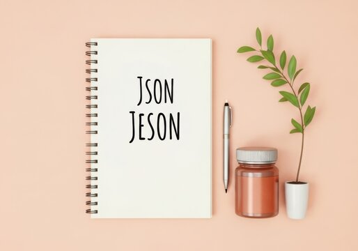Notebook with text json jeson, pen, jar and small plant on peach background
