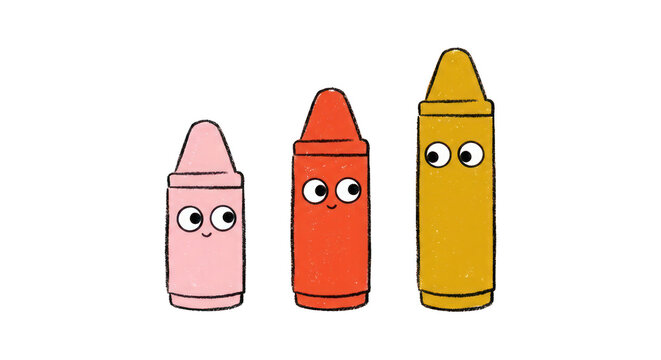 Cute cartoon crayons with eyes, standing in a line, pink, red, and yellow