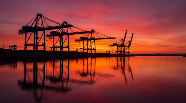 Industrial port cranes silhouette at sunset over calm water harbor logistics background