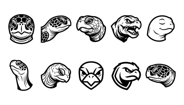 Turtle Heads Set with Various Expressions and Poses, Monochrome Vector Design