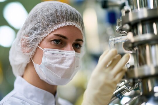 Renewable fuels engineer inspecting ethanol sample in laboratory protective clothing