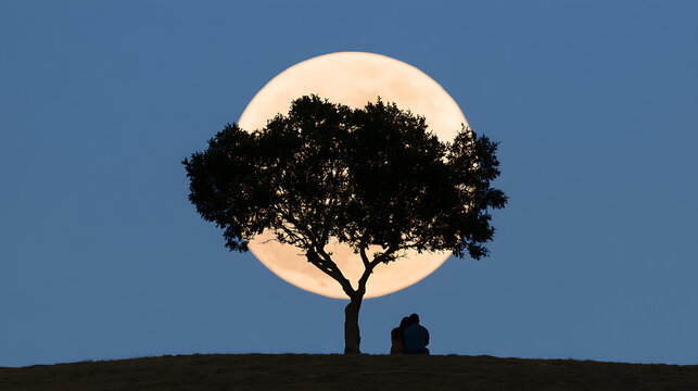A romantic silhouette of a couple sit under a tree with a giant full moon in the background, creating a serene and magical night scener