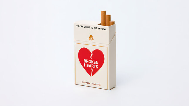 A custom pack of cigarettes featuring a broken heart design and pessimistic text isolated against a clean white background for editorial use