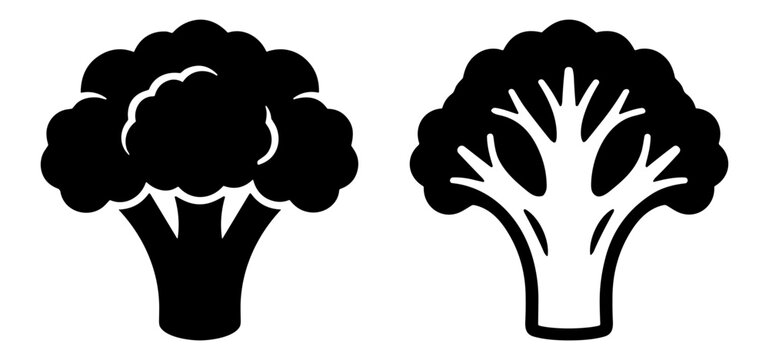 black and white silhouette icons of broccoli vegetable with stalk and florets isolated on transparent background