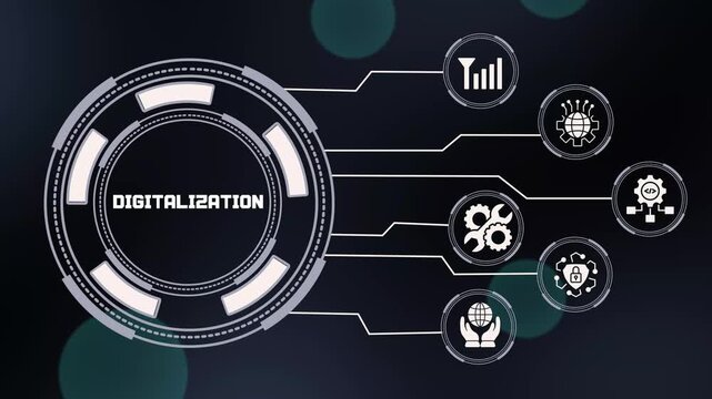Digitalization technology concept featuring connected enterprise systems, cloud computing, smart automation, data analytics and modern digital transformation.