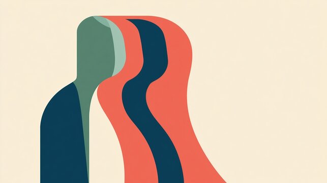 Two abstract partner figures connected by curved color fields on cream background