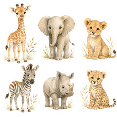 Fototapeta premium Cute watercolor safari baby animals clipart set with giraffe elephant lion zebra rhino