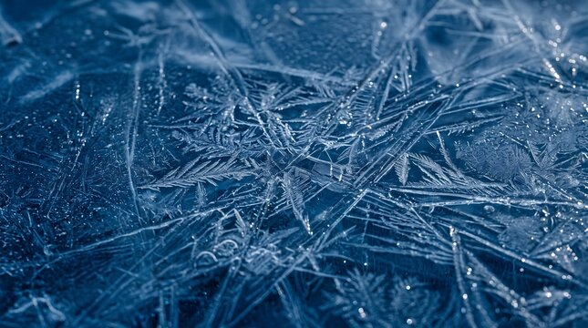 Close-up of crystalline ice featuring intricate frost formations and trapped air bubbles in a frozen natural environment