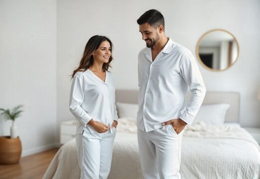 Happy couple wearing matching white family pajamas, ai generated. Man and woman in nightwear together in modern bedroom background. Cozy pair in coordinated sleepwear showing home comfort.