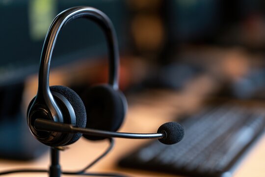 Headset and desk microphone on workstation in dispatch center
